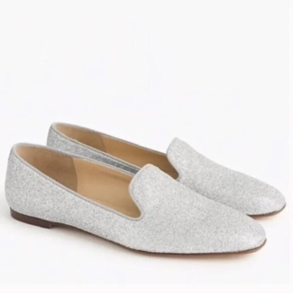 J. Crew 'Smoking Loafer' Almond Toe Slip On Flats in Silver Glitter Size 8.5